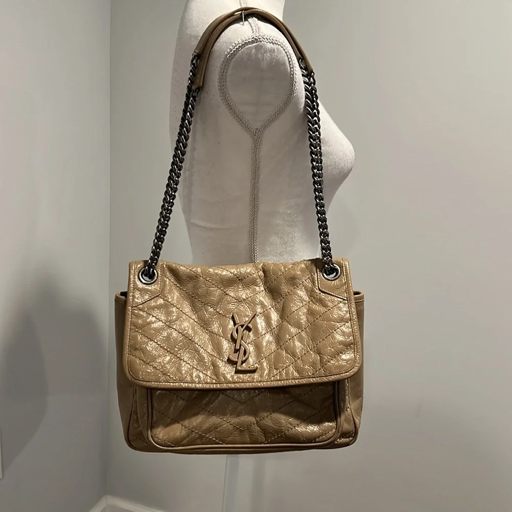 YSL Saint Laurent NIKI Medium Chain Flap Bag Matelasse Neutral Leather Handbag - Picture 3 of 16
